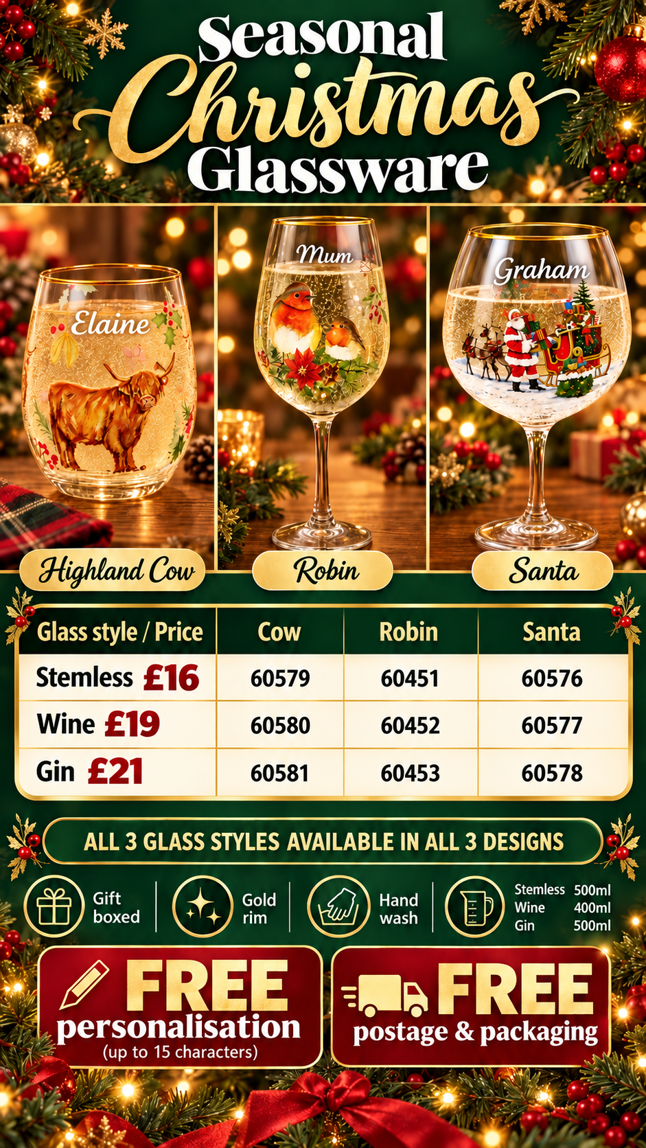 Seasonal Glassware Stemless Wine Gin Glass With Free Personalisation