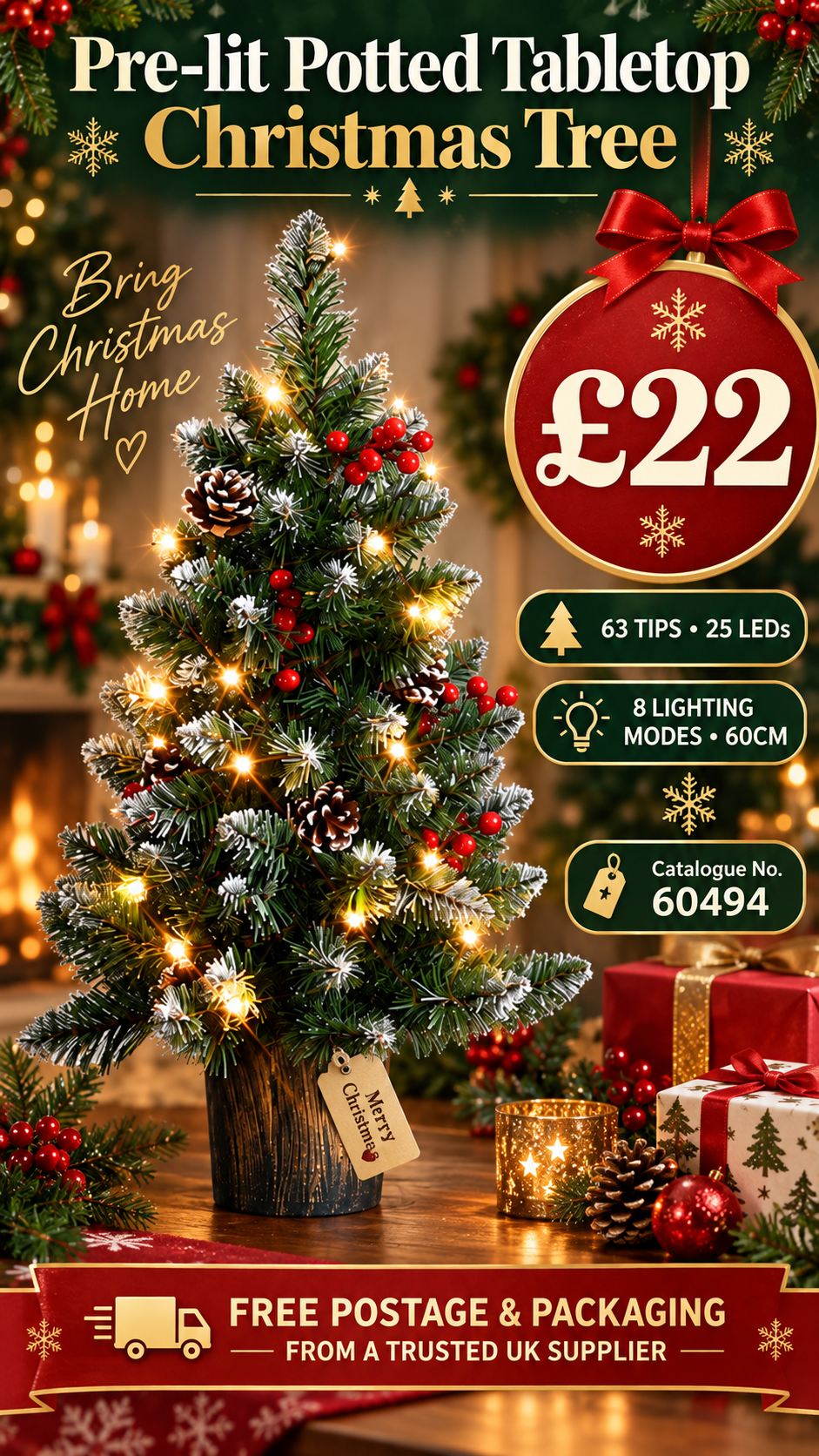 Pre-Lit Potted Tabletop Christmas Tree With Free Personalisation