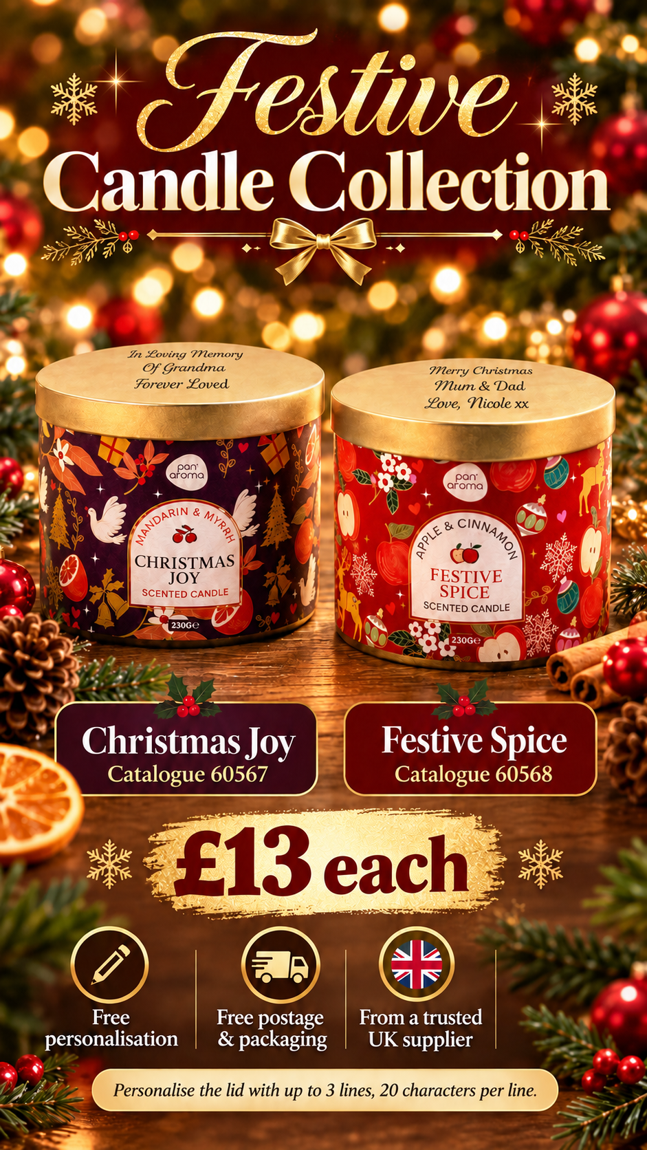Festive Candle Selection With Free Personalisation