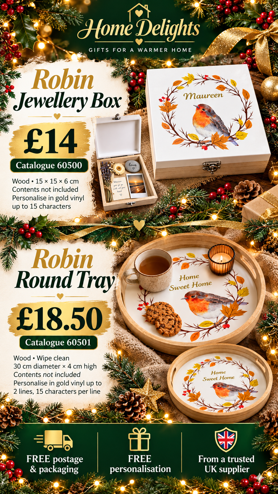 Personalised Robin Jewellery Box & Round Tray
